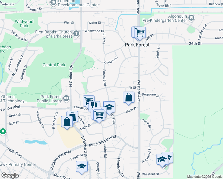 map of restaurants, bars, coffee shops, grocery stores, and more near 133 Fir Street in Park Forest