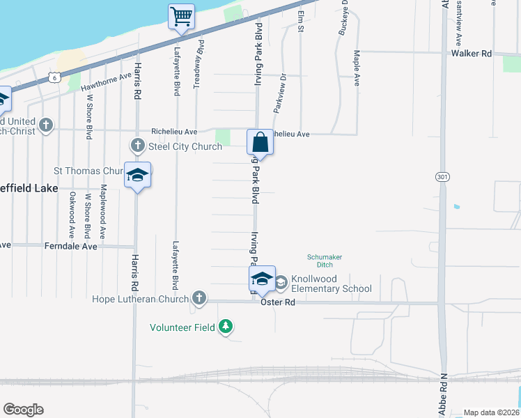 map of restaurants, bars, coffee shops, grocery stores, and more near 709 Irving Park Boulevard in Sheffield Lake