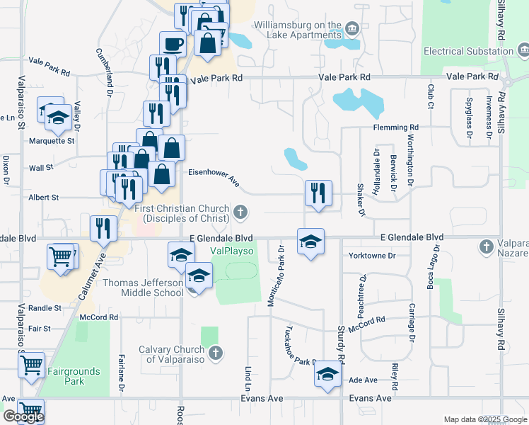 map of restaurants, bars, coffee shops, grocery stores, and more near 1601 Truman Avenue in Valparaiso