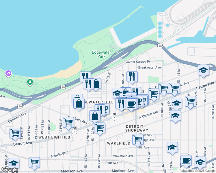 map of restaurants, bars, coffee shops, grocery stores, and more near 1235 West 73rd Street in Cleveland
