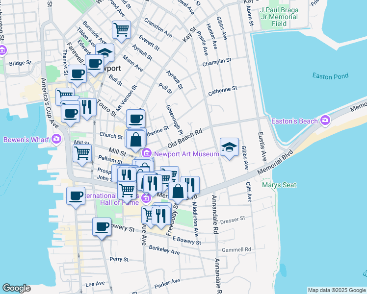 map of restaurants, bars, coffee shops, grocery stores, and more near 30 Old Beach Road in Newport