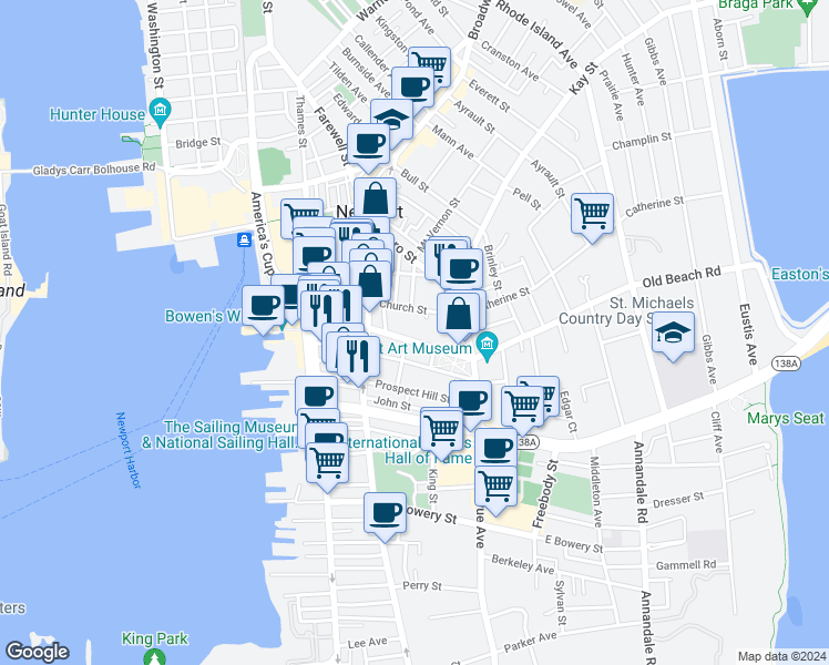 map of restaurants, bars, coffee shops, grocery stores, and more near 95 Church Street in Newport
