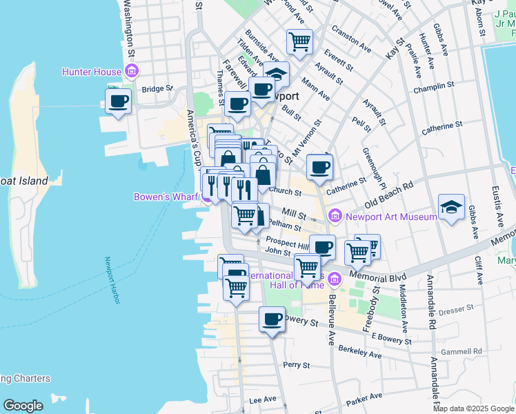 map of restaurants, bars, coffee shops, grocery stores, and more near in Newport