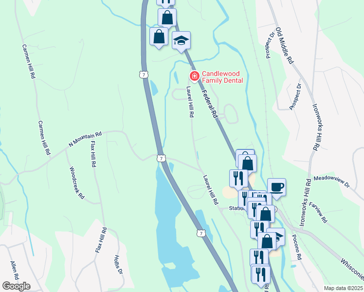 map of restaurants, bars, coffee shops, grocery stores, and more near 118 Laurel Hill Road in Brookfield