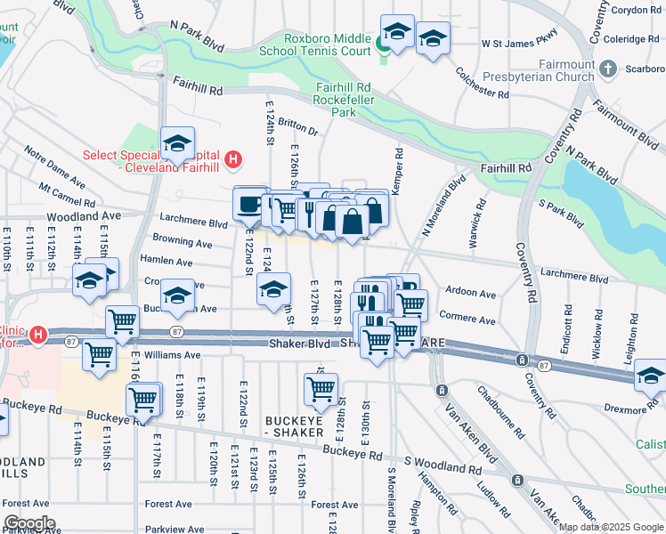 map of restaurants, bars, coffee shops, grocery stores, and more near in Cleveland