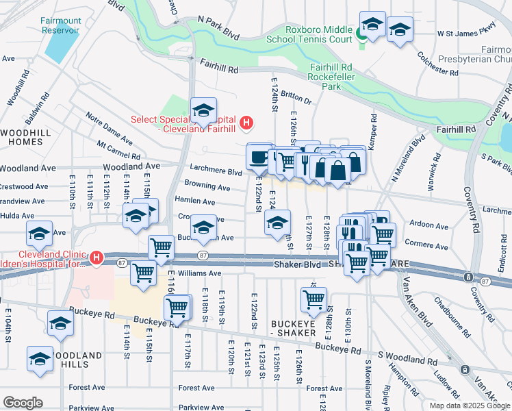 map of restaurants, bars, coffee shops, grocery stores, and more near 2624 East 124th Street in Cleveland