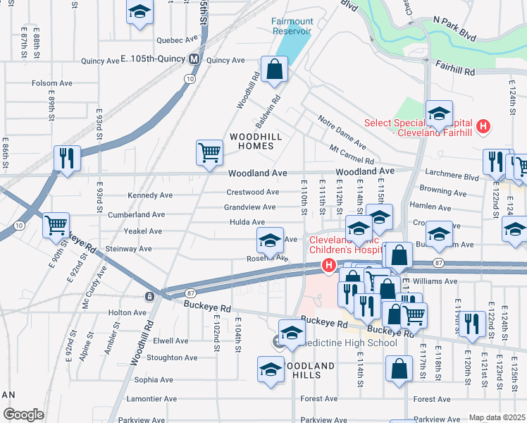 map of restaurants, bars, coffee shops, grocery stores, and more near 10623 Grandview Avenue in Cleveland
