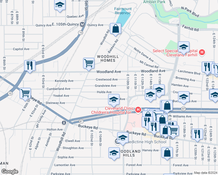 map of restaurants, bars, coffee shops, grocery stores, and more near 10623 Grandview Avenue in Cleveland