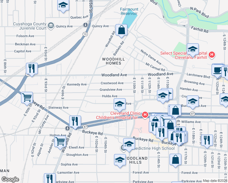 map of restaurants, bars, coffee shops, grocery stores, and more near 10623 Grandview Avenue in Cleveland