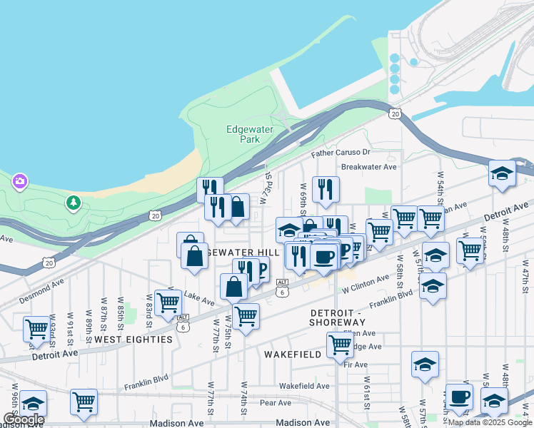 map of restaurants, bars, coffee shops, grocery stores, and more near in Cleveland