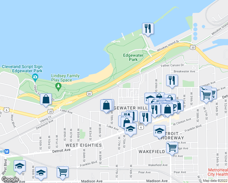 map of restaurants, bars, coffee shops, grocery stores, and more near 1200 West 76th Street in Cleveland