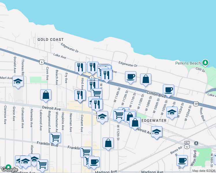 map of restaurants, bars, coffee shops, grocery stores, and more near 11508 U.S. 6 in Cleveland