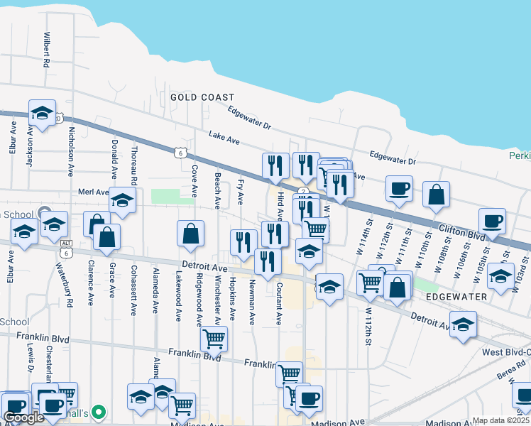 map of restaurants, bars, coffee shops, grocery stores, and more near 1291 Idlewood Avenue in Lakewood