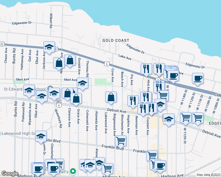 map of restaurants, bars, coffee shops, grocery stores, and more near 1314 Cove Avenue in Lakewood