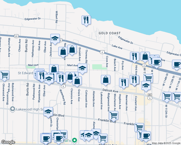 map of restaurants, bars, coffee shops, grocery stores, and more near 1305 Thoreau Road in Lakewood