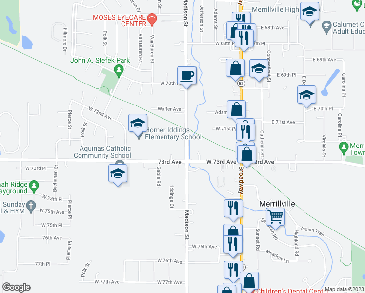 map of restaurants, bars, coffee shops, grocery stores, and more near 7250 Madison Street in Merrillville