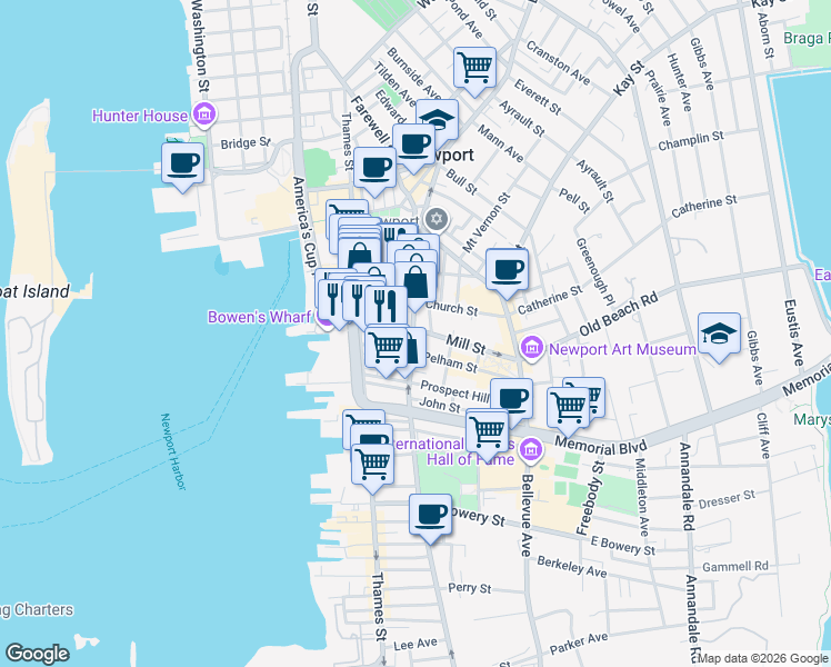 map of restaurants, bars, coffee shops, grocery stores, and more near in Newport