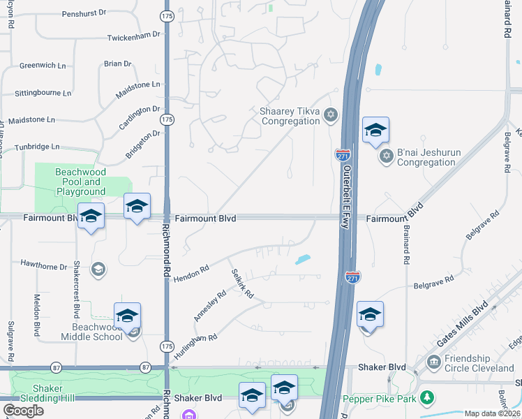 map of restaurants, bars, coffee shops, grocery stores, and more near 26411 Fairmount Boulevard in Beachwood
