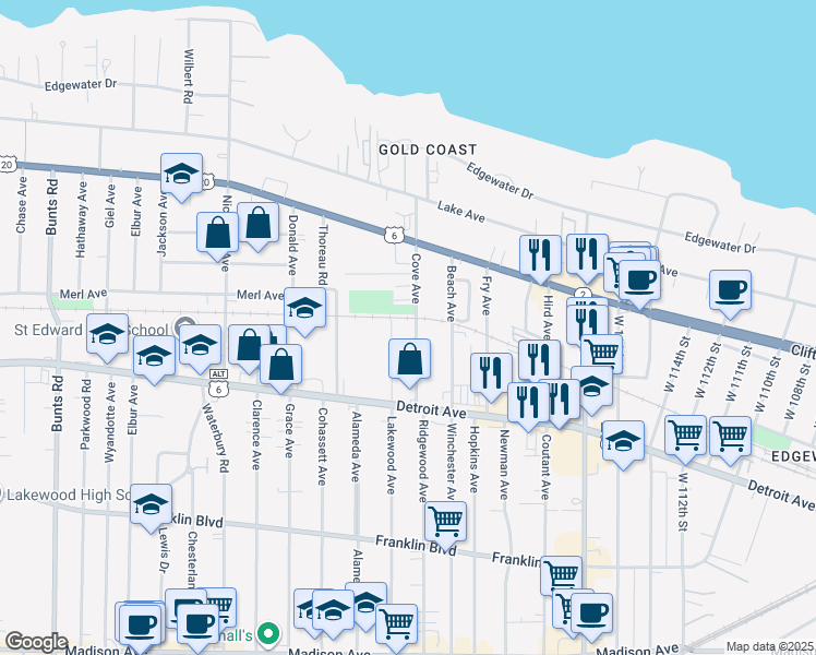 map of restaurants, bars, coffee shops, grocery stores, and more near 1314 Cove Avenue in Lakewood