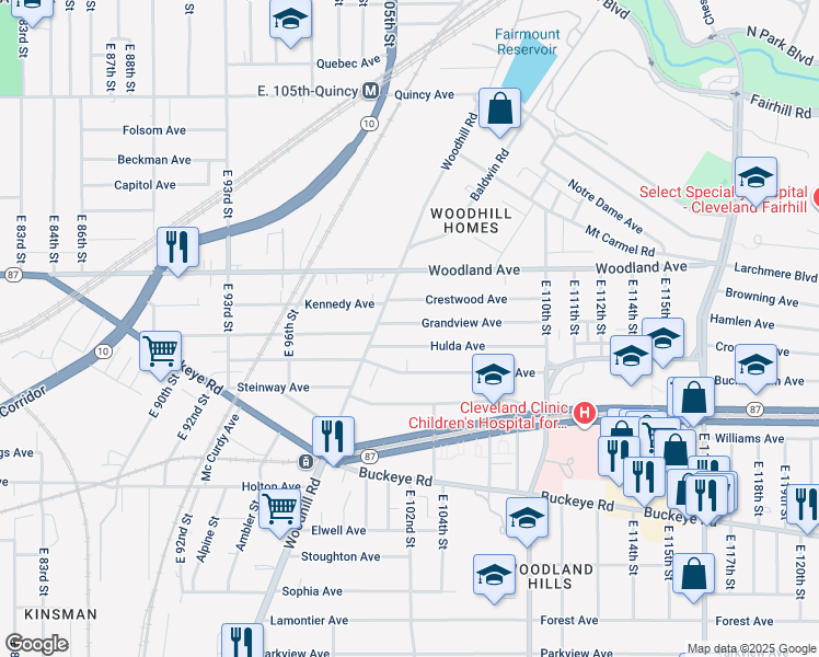 map of restaurants, bars, coffee shops, grocery stores, and more near 2643 Woodhill Road in Cleveland