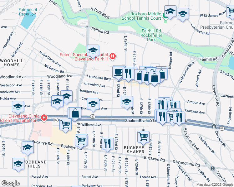 map of restaurants, bars, coffee shops, grocery stores, and more near 2624 East 124th Street in Cleveland