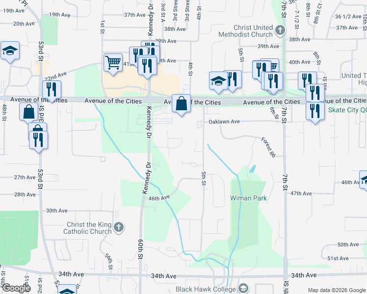map of restaurants, bars, coffee shops, grocery stores, and more near 348 44th Avenue in East Moline