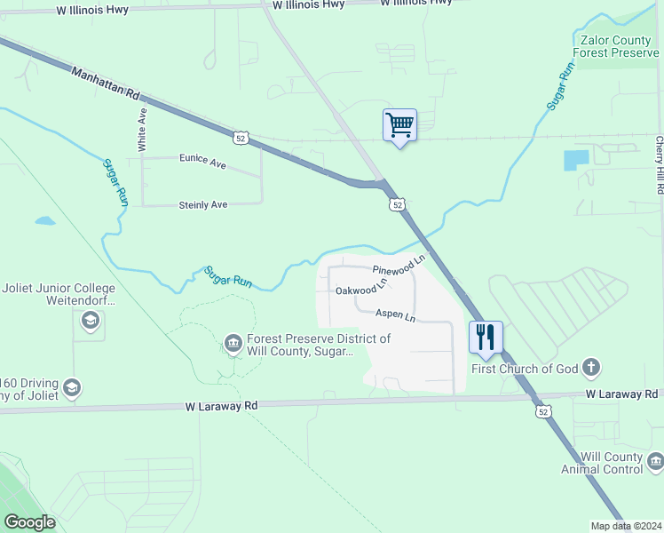 map of restaurants, bars, coffee shops, grocery stores, and more near 1705 Pinewood Lane in Joliet