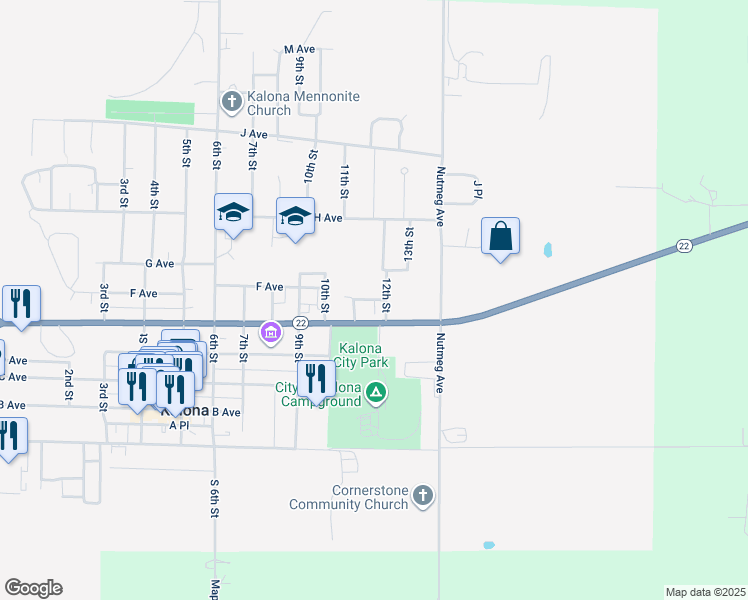 map of restaurants, bars, coffee shops, grocery stores, and more near 1109 E Pl in Kalona