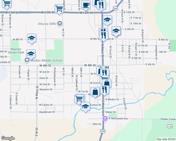 map of restaurants, bars, coffee shops, grocery stores, and more near 300-398 North Rine Street in Alturas