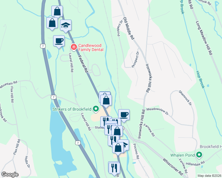 map of restaurants, bars, coffee shops, grocery stores, and more near 871 Federal Road in Brookfield