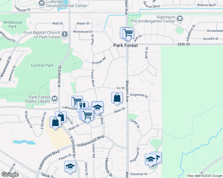 map of restaurants, bars, coffee shops, grocery stores, and more near 65 Fir Street in Park Forest