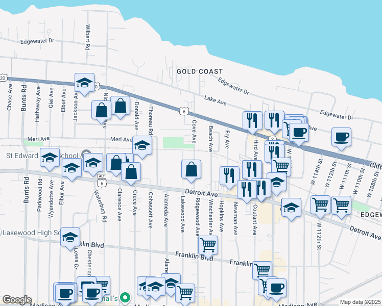 map of restaurants, bars, coffee shops, grocery stores, and more near 1314 Cove Avenue in Lakewood