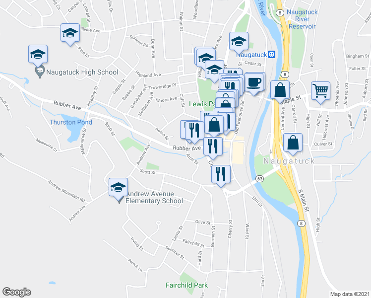 map of restaurants, bars, coffee shops, grocery stores, and more near 161 Rubber Avenue in Naugatuck
