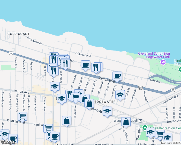 map of restaurants, bars, coffee shops, grocery stores, and more near 11034 Clifton Boulevard in Cleveland