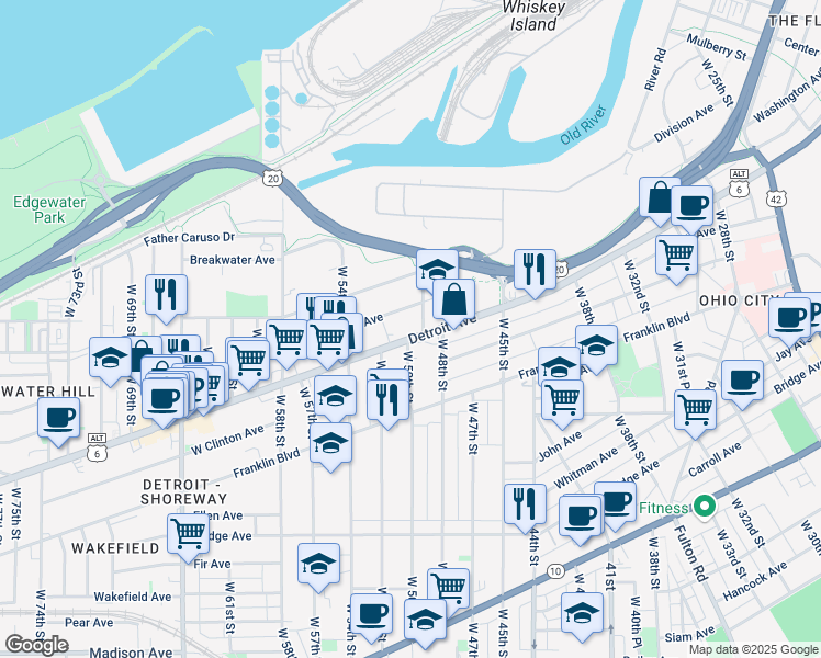 map of restaurants, bars, coffee shops, grocery stores, and more near 5001 Tillman Avenue in Cleveland