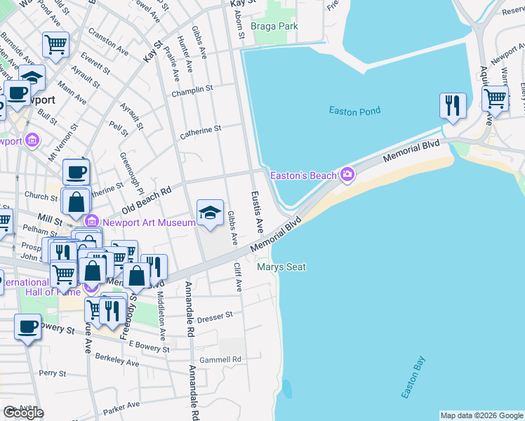 map of restaurants, bars, coffee shops, grocery stores, and more near 230 Eustis Avenue in Newport