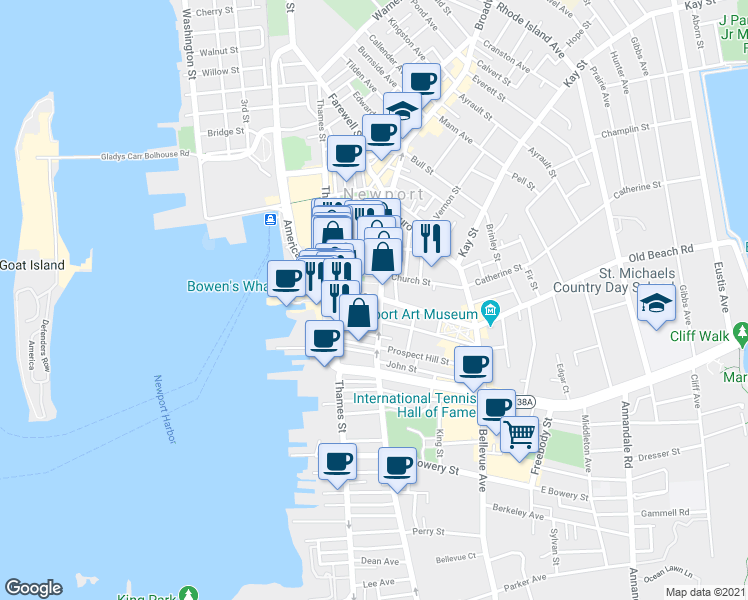 map of restaurants, bars, coffee shops, grocery stores, and more near in Newport