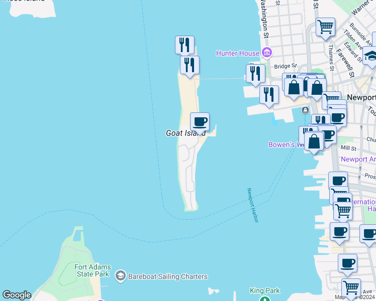 map of restaurants, bars, coffee shops, grocery stores, and more near 1520 Capella South in Newport