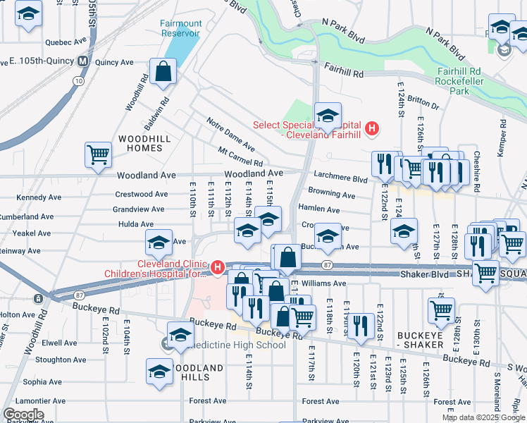 map of restaurants, bars, coffee shops, grocery stores, and more near 2648 East 115th Street in Cleveland