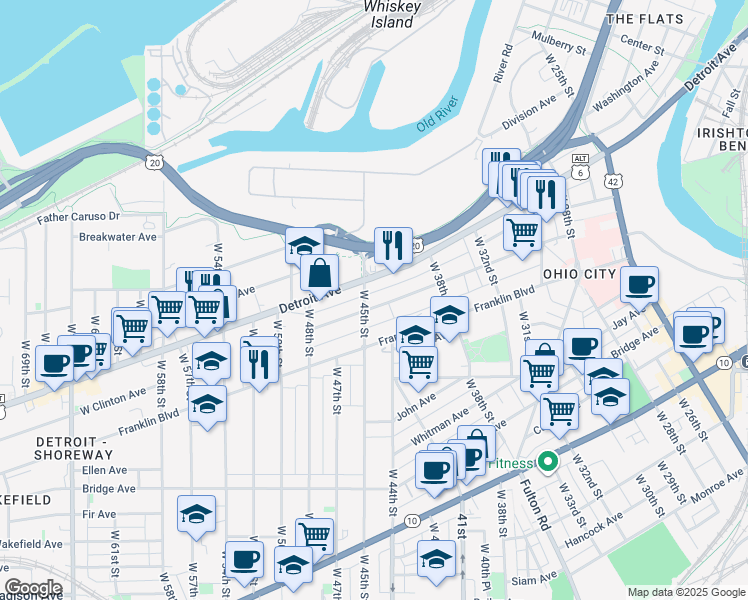 map of restaurants, bars, coffee shops, grocery stores, and more near 4417 Detroit Avenue in Cleveland