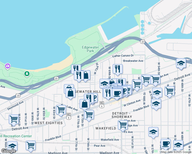 map of restaurants, bars, coffee shops, grocery stores, and more near in Cleveland