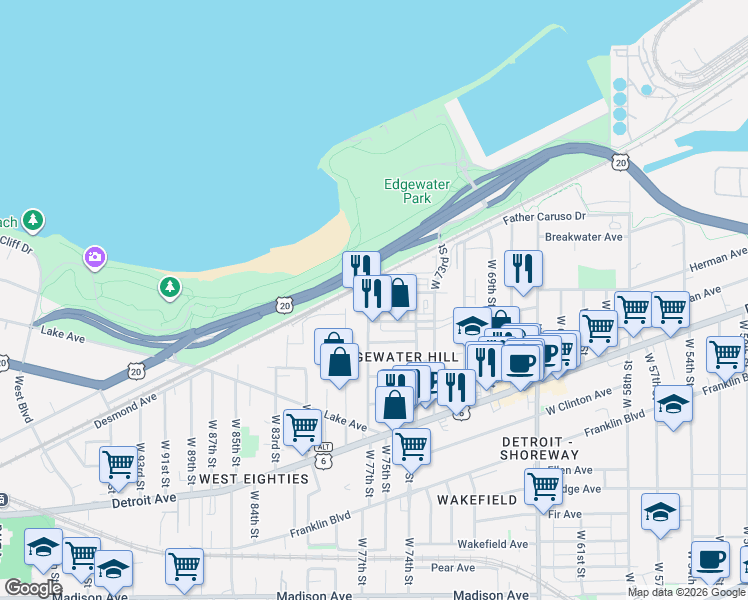 map of restaurants, bars, coffee shops, grocery stores, and more near 1200 West 76th Street in Cleveland