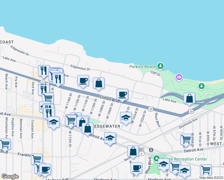 map of restaurants, bars, coffee shops, grocery stores, and more near 10705 Lake Avenue in Cleveland