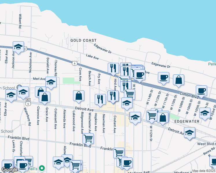 map of restaurants, bars, coffee shops, grocery stores, and more near 1291 Idlewood Avenue in Lakewood