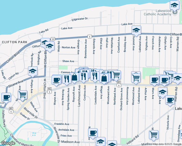 map of restaurants, bars, coffee shops, grocery stores, and more near 1342 Edwards Avenue in Lakewood