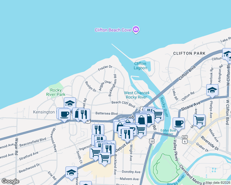 map of restaurants, bars, coffee shops, grocery stores, and more near 201 Buckingham Road in Rocky River