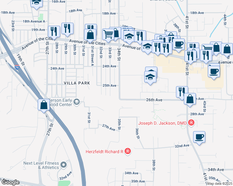 map of restaurants, bars, coffee shops, grocery stores, and more near 2500-2698 34th Ave Dr in Moline