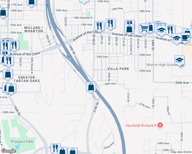 map of restaurants, bars, coffee shops, grocery stores, and more near 2515 27th Street in Moline