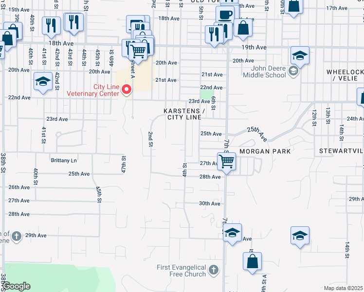 map of restaurants, bars, coffee shops, grocery stores, and more near 315 26th Avenue Court in Moline