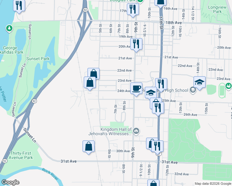 map of restaurants, bars, coffee shops, grocery stores, and more near 549 24th Avenue in Rock Island
